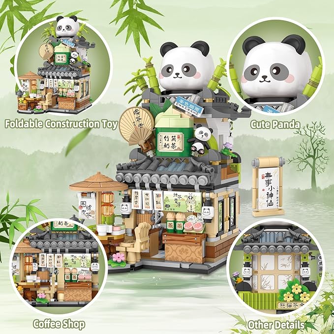 Street View Tea Shop Mini Building Blocks Set Cute Panda Animals Building Toys Girls 6-12 Simulation Architecture Construction Toy Birthday Gift for Kids Adults (860PCS)