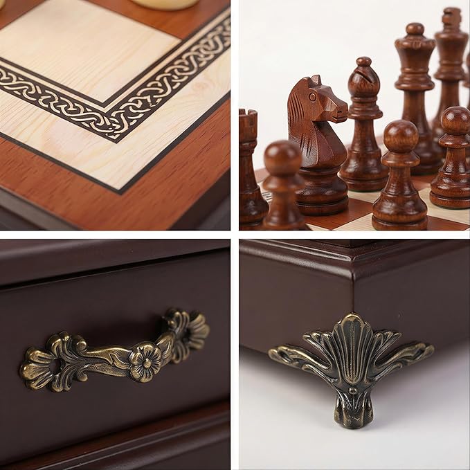 14.6-Inch Wooden Chess Set with Drawer Storage – Handmade Chess Board with 2 Extra Queens Elegant Home Decor and Strategy Game for Adults &amp Beginners