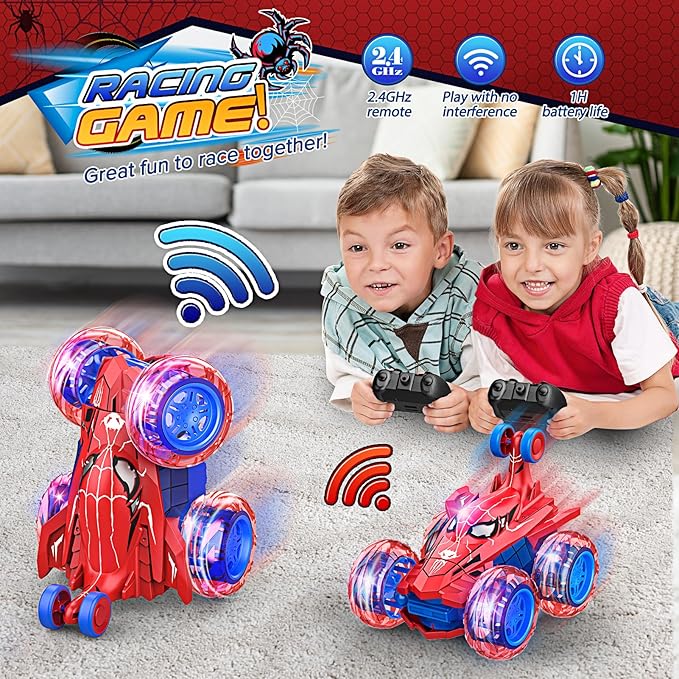 Remote Control Car RC Cars ToysCool Rechargeable Stunt RC Car with 360 Flips 4WD Wheel With Bright lightFun Outdoor Toys Gifts for Kids Birthday or Chritmas 4-6 6-8 8-12 Years Old (Blue-Red)