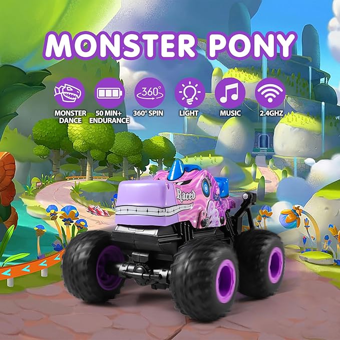DYODYORC Remote Control Car 2.4Ghz All Terrain Monster Truck RC Truck with Music 3 Lighting Effects 360 Stunt Capable 2 Batteries Ready to Run Toy Gifts for Boys and Girls (Pink)