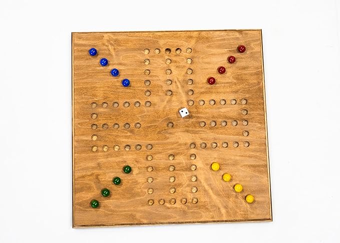 Handmade - Real Wood - Wahoo/Marbles 16x16 inch Board w/Marbles &amp dice - 4 Player (Stained)
