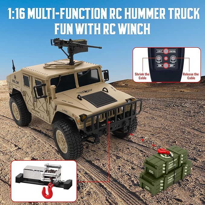 Remote Control Truck-4x4 Off-Road RC Trucks Army Rock Crawler Humme RTR 40Mins Play Time All Terrain RC Off Road Jeep Cars with WinchLights&ampOpenning Door Military Armored Vehicle Toys Gift for