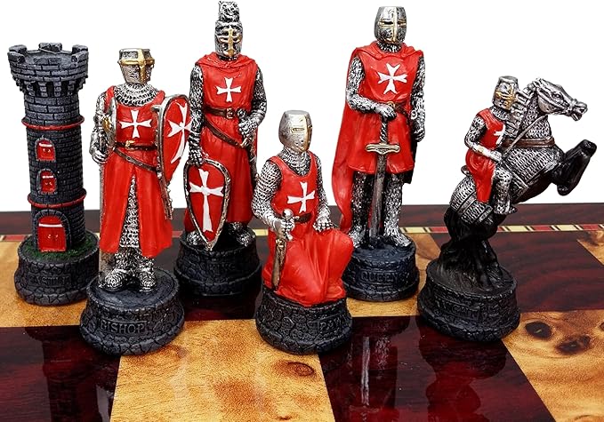 Medieval Times Crusades RED &amp Blue Maltese Knight Set of Chess Men Pieces Hand Painted - NO Board