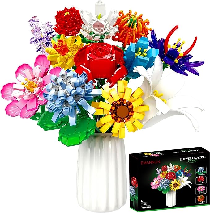 Flowers Bouquet Building Set 12 Artificial Flowers 1064 PCS Bricks Blocks Toy for Adults &amp Kids Botanical Collection Gift for Mother's Day Valentine Birthday Christmas (No Vase)
