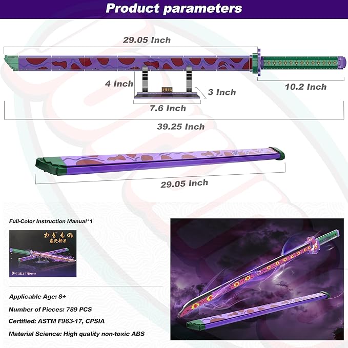 Jorumo Sword Building Set 39in Kokushibo Sword Building Block with Scabbard and Stand Handmade Cosplay Anime Sword Toy Building Set for Collecting and Gifting 789 pcs