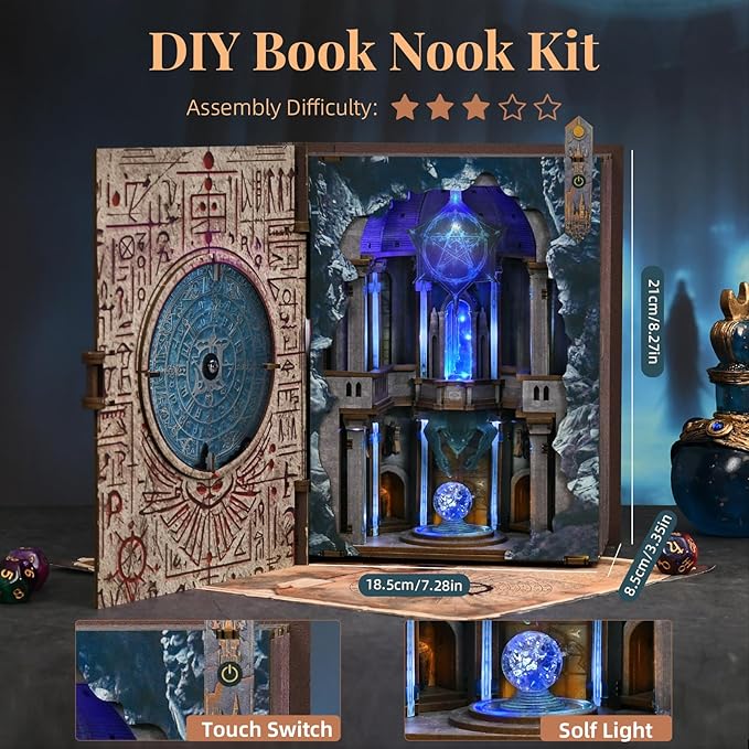 Book Nook Kit with LED Light Miniature House Kit for Birthday 3D Wooden Bookends Puzzle Bookshelf Decor for Adults Teens Beginners (Circle of Magic)