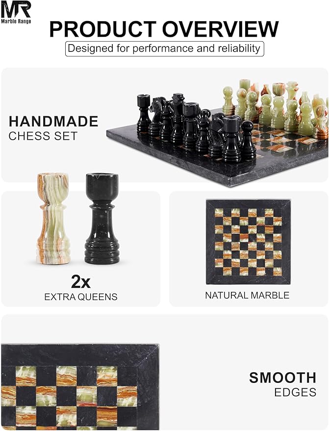 Marble Chess Set for Adults 12 Handmade Black &amp Green Onyx Board Game with 32 Chess Pieces 2 Extra Queens &amp Storage Box Luxury Travel Game Elegant for Home Decor