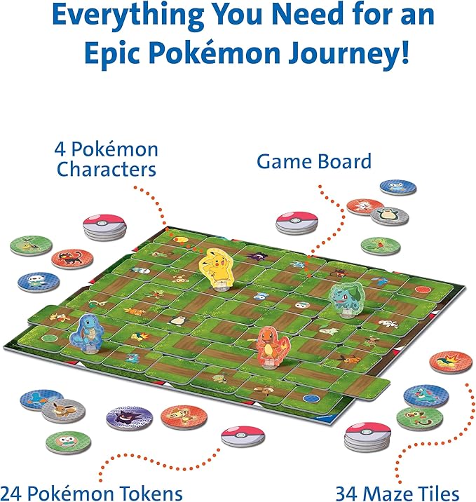 Ravensburger Labyrinth Pokemon Board Game - A Strategic Maze Adventure for Family Nights &amp Pokemon Parties - Includes Pikachu Bulbasaur and More - Great Birthday Gift for Kids Ages 7 and Up