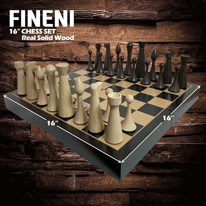 Luxurious 16 inch Real Luxurious Dark Colored Solid Wooden Chess Set. Durable Handmade Chess Board Game Sets with Storage Slots for 4.2” Weighted &amp Elegant Designed Wooden 34 Pieces (C16D)