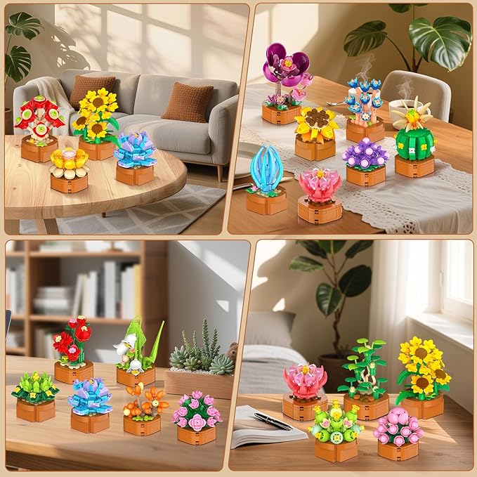 24 Pack Flowers Succulents Building Set - 2160PCS Botanical Collection 3.6MM Mini Flower Kit for Home Office Décor Plant Blocks Toy Easter Party Favors Gifts for Adults Women Kid 10+