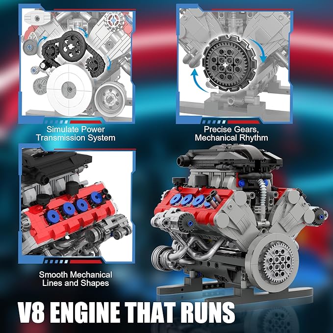 V8 Engine Building Set for Adults Build Your Own MOC Mini V8 Engine STEM Model Toy with Motor Model kit That Run Car Engine Building Blocks for Teens &amp Kids Boys (1189PCS)