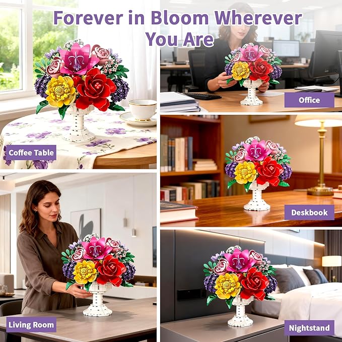 1070Pcs Flower Bouquet Building Set Artificial Fake Flowers Bridal Wedding Building Blocks Botanical Collection DIY Craft for Adults &amp Kids Girlfriend Wife Valentine’s Day Birthday Home Table D