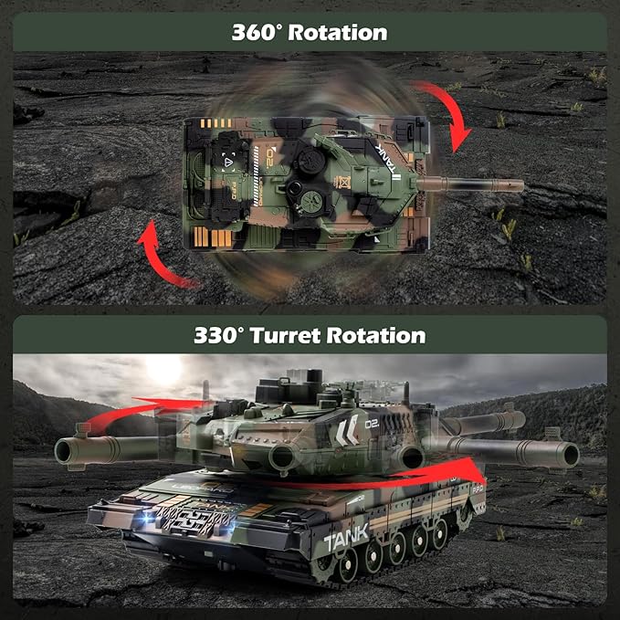 1:24 RC Tank-2.4G Remote Control Army Tank That Shoot BBS with 360° Rotating Turret Auto Demo Sound Light and Smoke All-Terrain Climbing RC Military Vehicle Toy Gift for Boys Ages 6-12