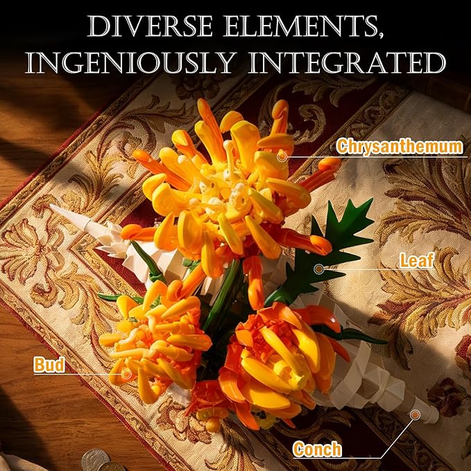 Chrysanthemum Building Set MOC Chrysanthemum Botanicals &amp Conch Model Kit for Home Office Decor Artificial Flower Gift Toy for Adults Woman 14+ (585PCS)