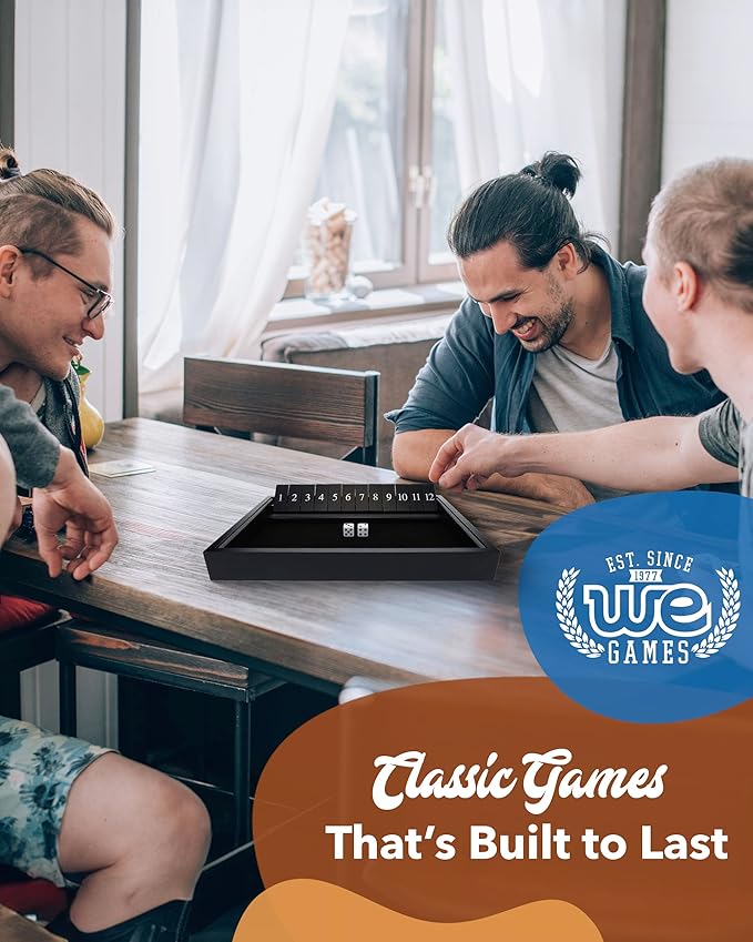 WE Games Wooden Shut The Box - Close The Box Set Pub Game with 12 Number Tiles &amp 2 Dice Games - 13.5” Black Stained Finish for Adults