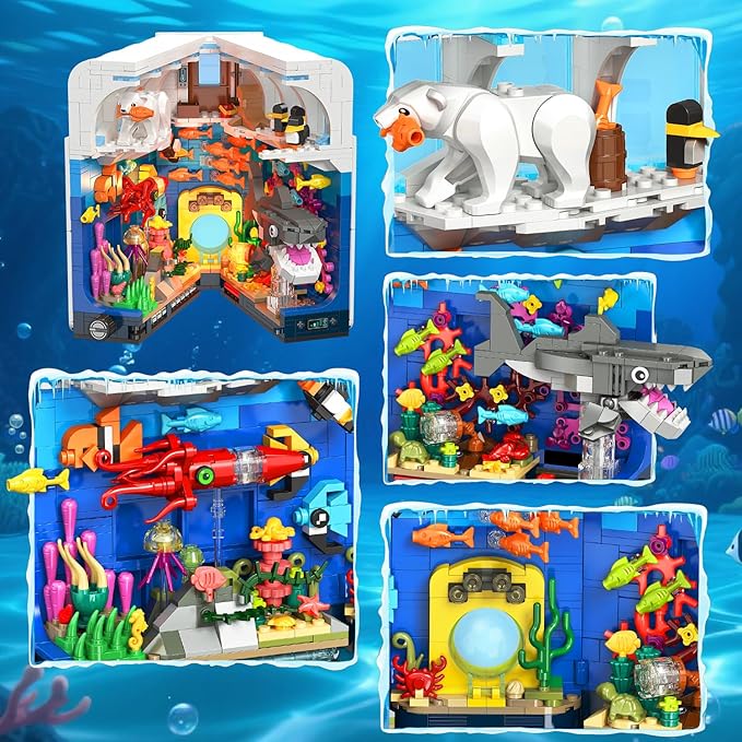 HOGOKIDS Aquarium Book Nook Building Set with Lights - Booknook Fish Building Toy for Bookshelf Home Decor 1064PCS Movable Shark Ocean Polar Animals Blocks Bookend Kit for Adults Teens Boys Girls 8+