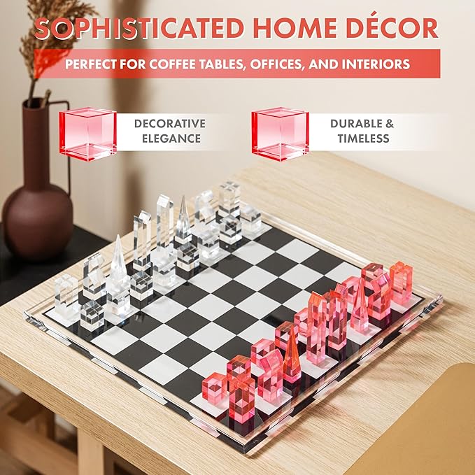 Acrylic Chess Set for Decor and Playing - Modern Pink Chess - Colorful Chess - Age 8+