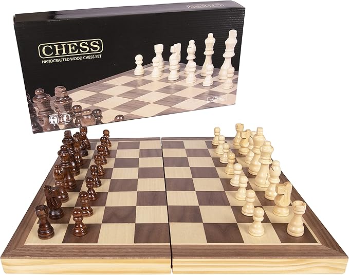 Premium Wooden Chess Set 15.7 Inches Chess Board Game Set for Adults - Folding Board - Pieces Storage Slots Handmade Portable Travel Chess Game - Beginner Chess Set for Kids 6 up Age
