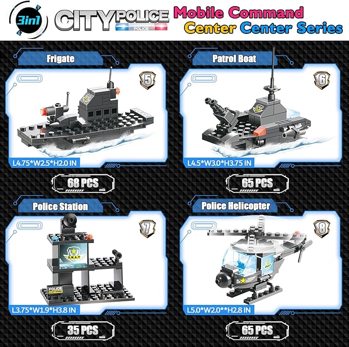 1110 PCS SWAT City Police Set Cop Car Building Set with Helicopter Boat Police Station Mobile Command Center Truck Toys in 25 Different Models Gifts for 6 Plus Year Old Kids Boys