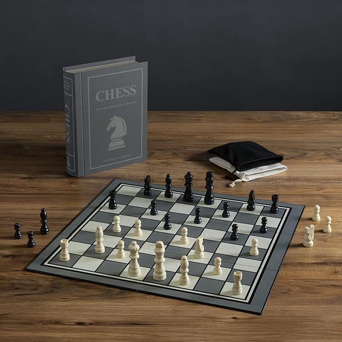 WS Game Company Chess Vintage Bookshelf Edition Classic Strategy Game Set in Linen Wrapped Book Box &amp Slipcase - Full Size Folding Board Wooden Pieces - Chess Sets for Adults &amp Kids Ages 9+