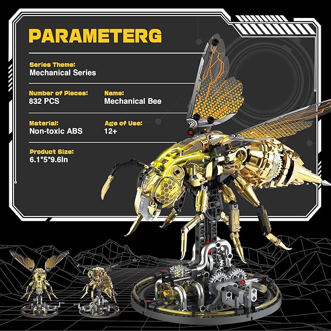 Mechanical Bee Building Set for Adults Technic Animal Building Block Insect Model with Lights &amp Moving Wings Golden Robot Bee Collectible Toy Kit Creative Display &amp Gift Idea 832Pcs