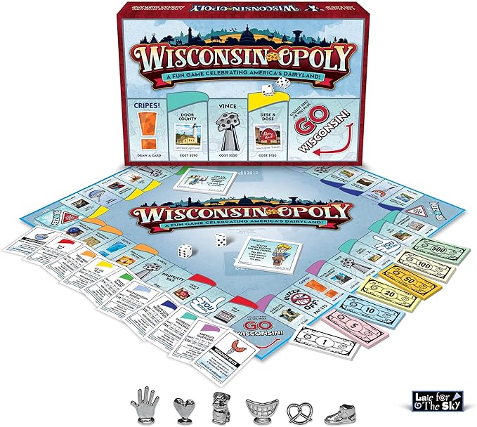 Late for The Sky Wisconsin-Opoly Board Game – Family Strategy Party Game for 2-6 Players Ages 8+ – Buy Properties Build Cabins &amp Lodges – Wisconsin Gift