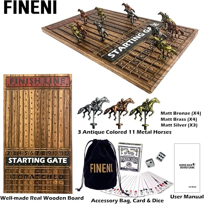 Horse Racing Game for Adults Horse Race Board Game with 11 Luxurious Antique Matt Metal Horses(Bronze Brass Silver) 19” Wood Horse Race Game Board Dice &amp Card Included (Log)