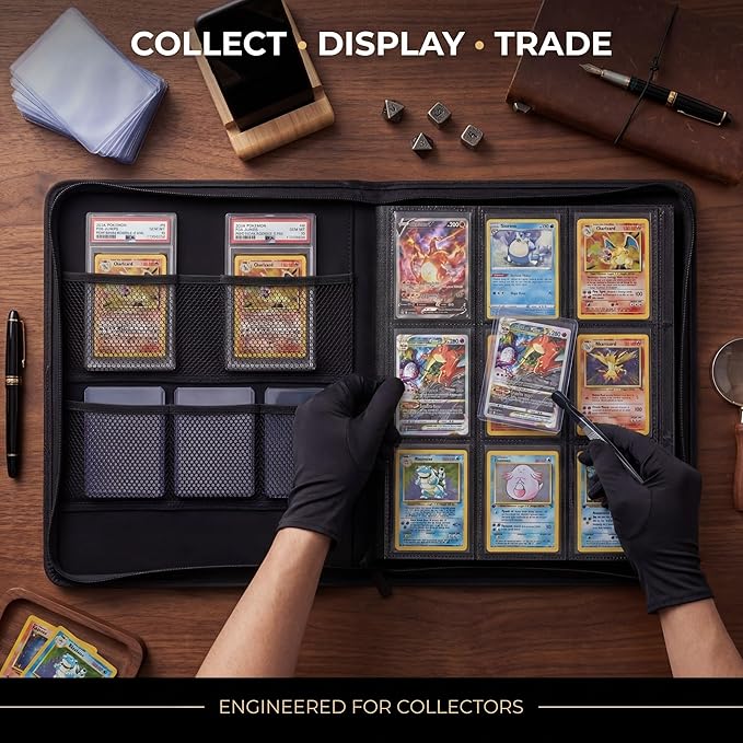 Toploader Binder 9 Pocket Holds 360 Toploaders - Collector Kit Gloves Tweezers &amp Gift Box - Holder for 3x4 Top Loaders - Mesh Pocket for Top loader Zippered Storage Album TCG &amp Sports Cards