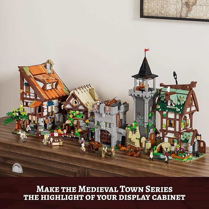 FUNWHOLE Medieval Watchtower Lighting Building-Bricks Set - Guardiance Castle with Soldier Farmer Minifigures Collectible Display Set 1625 Pcs for Adults and Teen