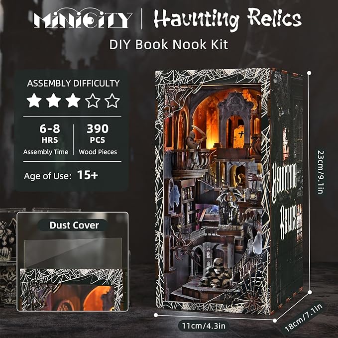 Book Nook Kit with LED Light DIY Miniature Dollhouse Booknook Kit Creepy Scary 3D Wooden Puzzle Bookshelf Insert Decor for Stress Relief Craft for Book Lovers &amp Adult (Haunting Relics)