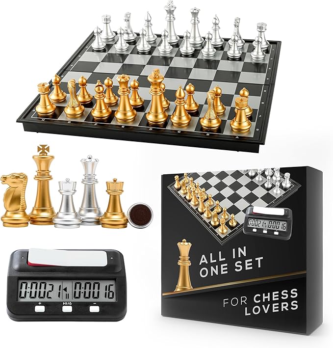Magnetic Chess Game &amp Digital Clock Timer Set - Professional and Portable 14 x 14 Travel Chess Board Games