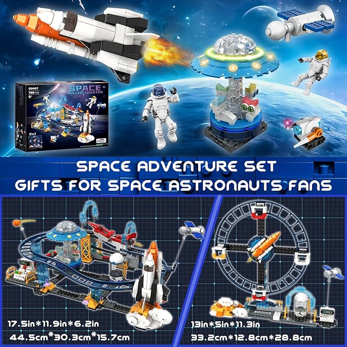 2 in 1 Space Coaster Set - UFO Satellites Space Capsules Buildable Roller Coaster Gift for Boys Girls Kids Ages 6+