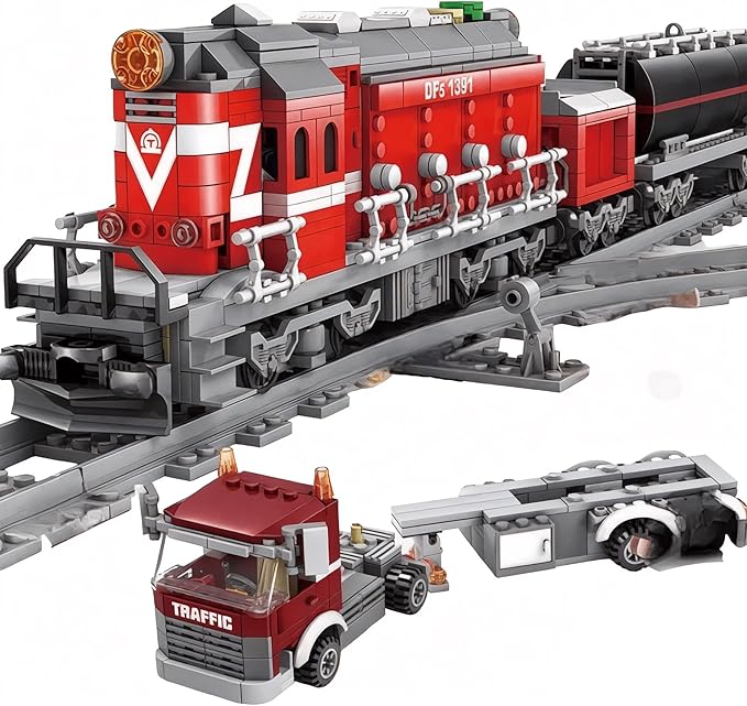 General Jim's Red Diesel Cargo Train Building Blocks Set - 1000+ Piece City Series with Automatic Running System Railway Tracks and Truck - L Gauge - Compatible w/Major Brick Brand Tracks - GJ-EBRT
