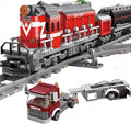 General Jim's Red Diesel Cargo Train Building Blocks Set - 1000+ Piece City Series with Automatic Running System Railway Tracks and Truck - L Gauge - Compatible w/Major Brick Brand Tracks - GJ-EBRT