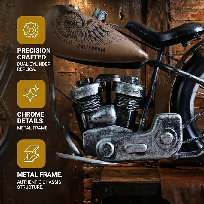 Vintage Metal Motorcycle Sculpture - Handmade Industrial Iron Motorbike Model Art - Retro Copper Desk Decor for Office and Home - Unique Collectible Gift for Men Dads and Biker Enthusiasts