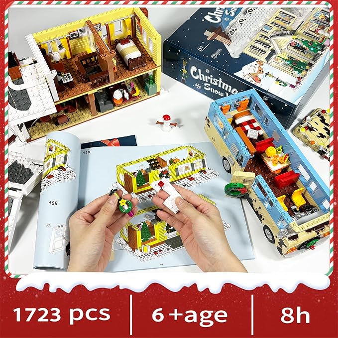 Snow Village&amp RV Building Set with LED Lights2 in 1 Christmas Vacation Holiday House and Christmas Holiday Snow Village RV Gift(1726PCS)