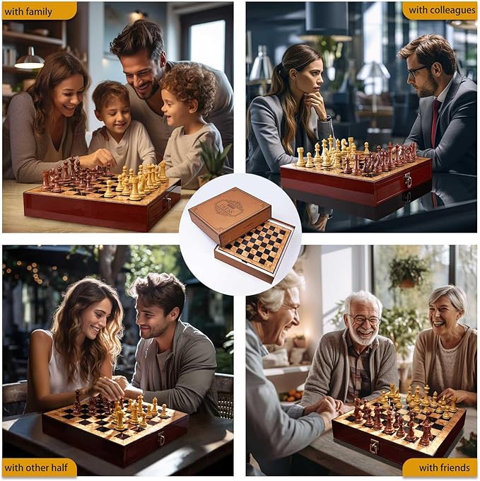 AMEROUS 17 inches Wooden Chess Set with High Polymer Weighted Chess Pieces / 2 Built-in Storage Drawers / 2 Extra Queens / 3.75'' King Classic Board Game