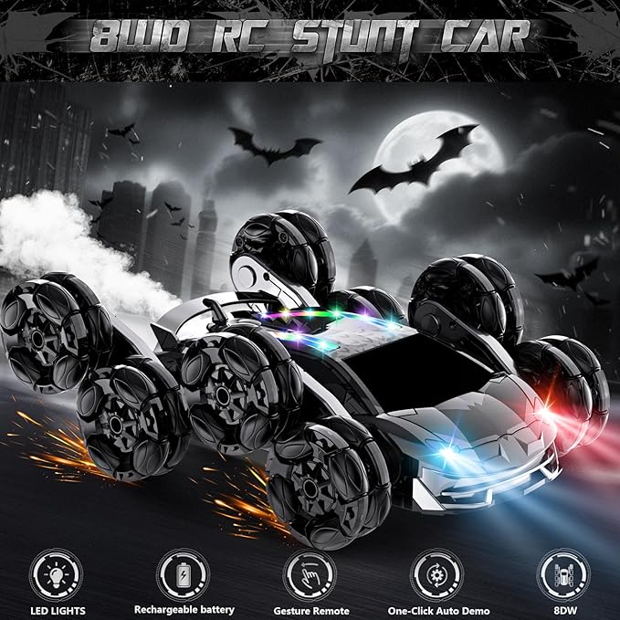 8WD Remote Control Car2.4GHz Gesture Sensing RC Stunt CarCool Spray Rotation RC Car with Lights and MusicAll Terrain Toys for Ages 5-7 Birthday Gifts for Boys Girls(Black)