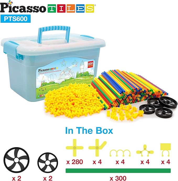 PicassoTiles 600pc Construction Toy Straw Building Set Children STEM Learning Interlocking Building Toys Creative Straw Connecting Builder Kits Early Education Kit for Kids Boys &amp Girls Ages 3+ PT