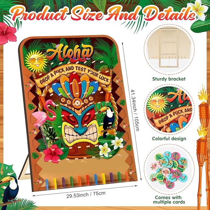 Blosssound 41.3 x 29.5 Extra Large Prize Drop Board Game Family Foldable Wood Disk Drop Game with 24 Colored Wooden Discs for Party Show Carnival Activity(Hawaii Style)