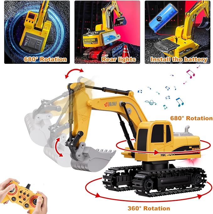 RC Semi-Trailer Truck with Excavator Toy Set - 1:12 Scale Remote Control Flatbed Truck and Excavator Toy for Kids 22.5 Inch with Lights &amp Music RC Construction Vehicle Toys for Boys 6-12 Years O