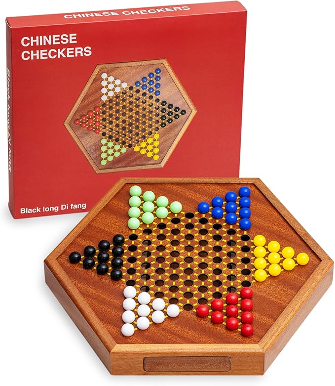 Wooden Chinese Checkers Game Set with Storage Drawer 12.6 inches - Includes 60 Colorful Acrylic Chess Pieces (6 Colors) - Classic Strategy Board Game