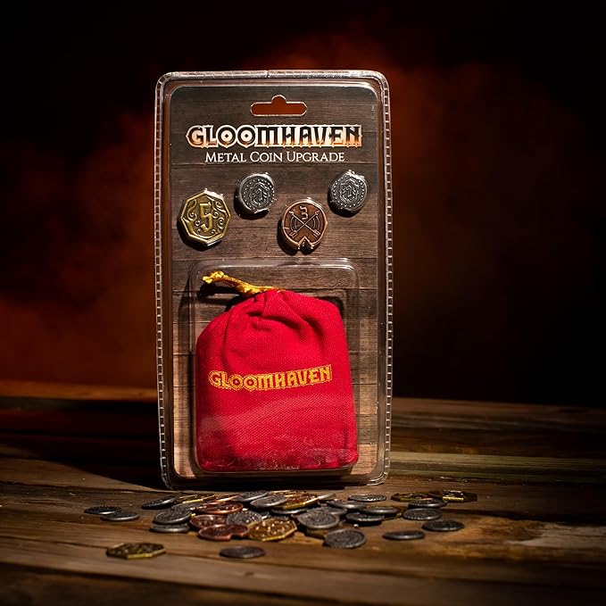 Cephalofair Games: Gloomhaven: Metal Coin Upgrade - 60 Coins &amp Drawstring Bag Board Game Accessory Metal Currency Detailed Art