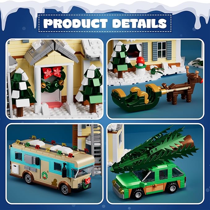 Christmas Holiday House Building Set 5 in 1 Model Buildings Kits Snow Village &amp RV Toy Building Blocks Sets with LED Xmas Decor Toys Gifts for Kids Girls Boys Ages 8+ Adults (1958PCS)