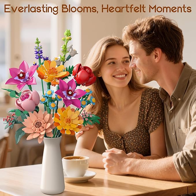 Flowers Bouquet Building Set 887 Pcs with Flower Artificial Roses for Home Office Decoration Gift for Mother's Day Valentine's Day and Kids 6+/Adults Birthday
