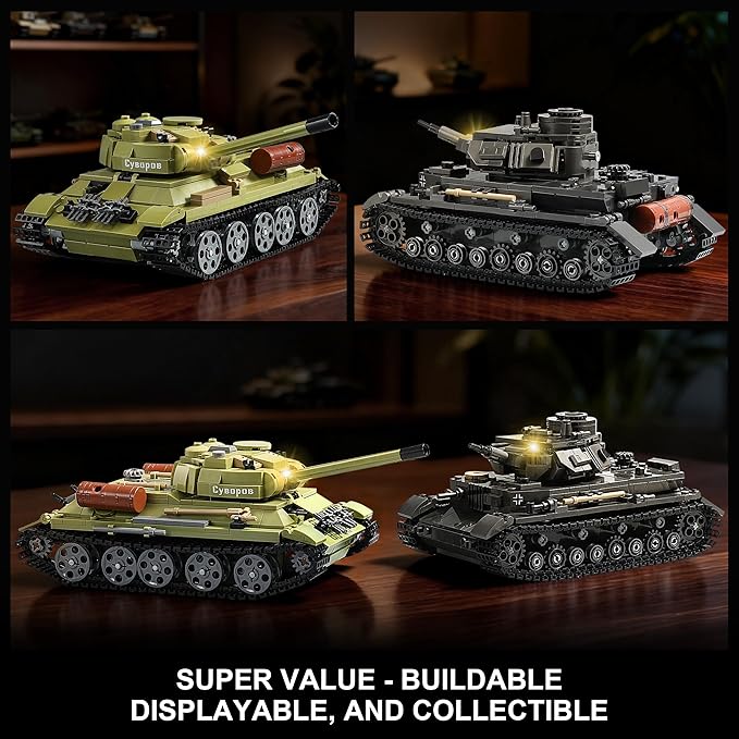 WW2 Army Tank Building Sets with Lights Panzer IV &amp T-34 Military Tanks Model Kit Compatible with Lego Great Army Toys Gift for Military Fans Boys Kids Ages 8+ &amp Adults (1201 Pieces)