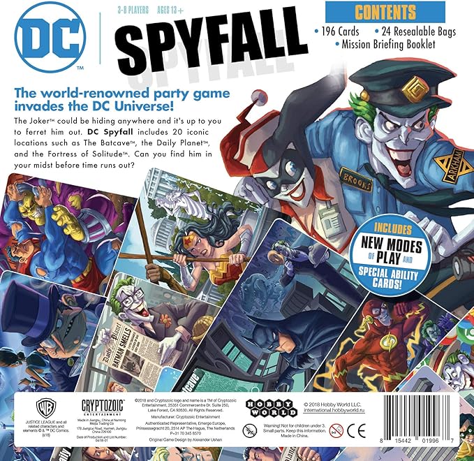 DC Spyfall - The Perfect Party Game - Find The Joker Before Time Runs Out - for 3 to 8 Players - Board Games for Teens and Adults - Featuring Batman Superman Wonder Woman and More - Ages 13+