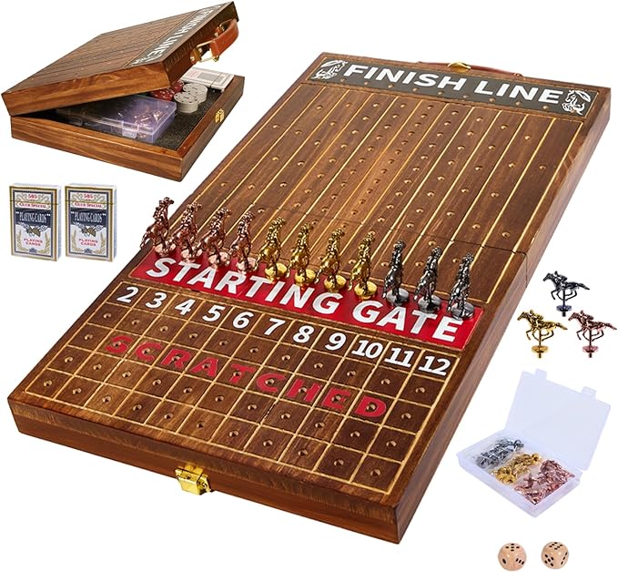 Horse Race Board Game Solid Wood Foldable Racing Board with 11 Metal Horses 2 Dice and 2 Boxes of Cards Portable Travel Game for Family Parties and Holiday Gatherings