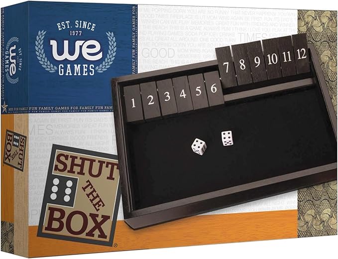 WE Games Wooden Shut The Box - Close The Box Set Pub Game with 12 Number Tiles &amp 2 Dice Games - 13.5” Black Stained Finish for Adults