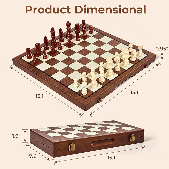 MerryPony 2 in 1 Wooden Chess and Checkers Set Magnetic – 15 inch Folding Board Game with Strong Magnetic Chess Pieces with 2 Extra Queens Portable Travel Beginner Chess Game Set for Adults Family